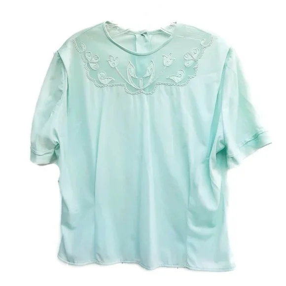 1950s Vintage Mint Green Nylon Short Sleeve Blouse With Yoke Designs Extra Large - Picture 2 of 7